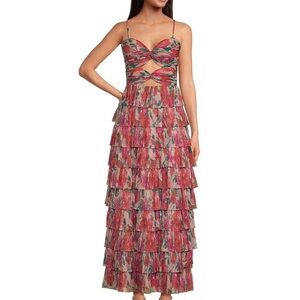 Gianni Bini Grace Plisse Floral Print Sweetheart Neck Cut Out Tiered Dress NWT